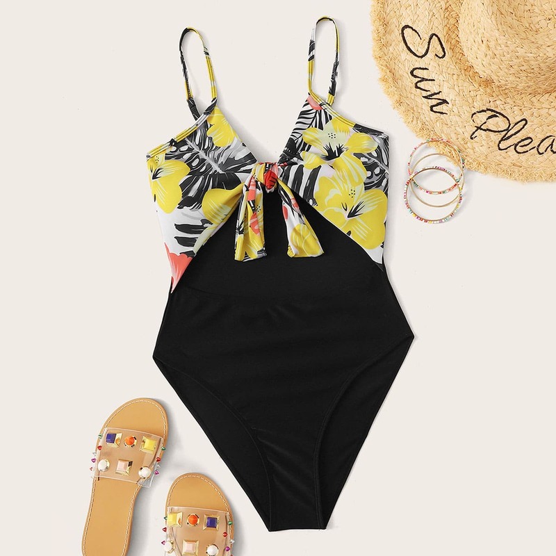 

Floral Print Tie Front One Piece Swimsuit, Multicolor