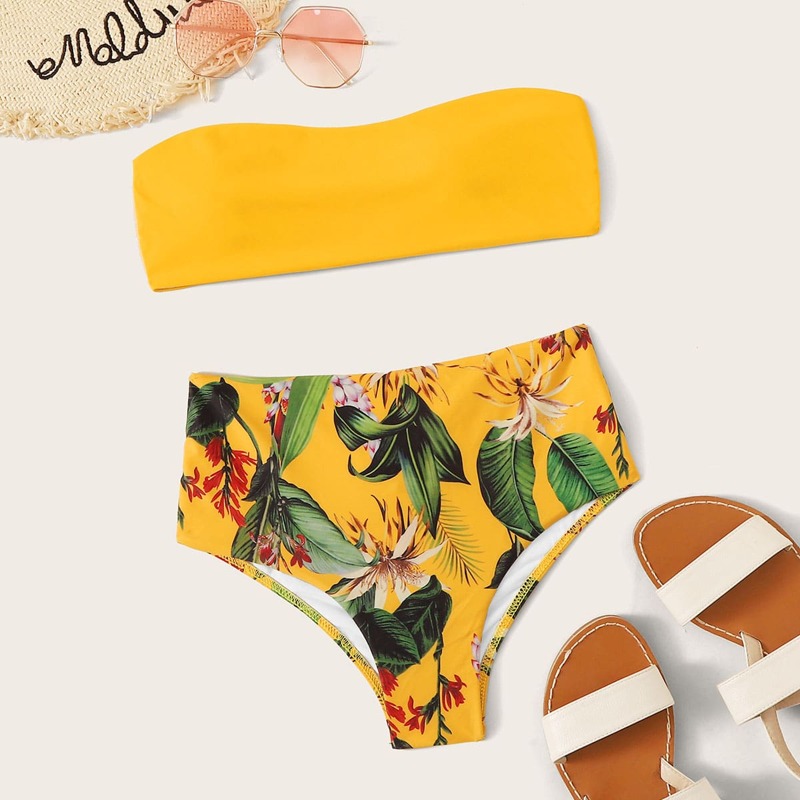 

Tropical High Waisted Bandeau Bikini Swimsuit, Yellow