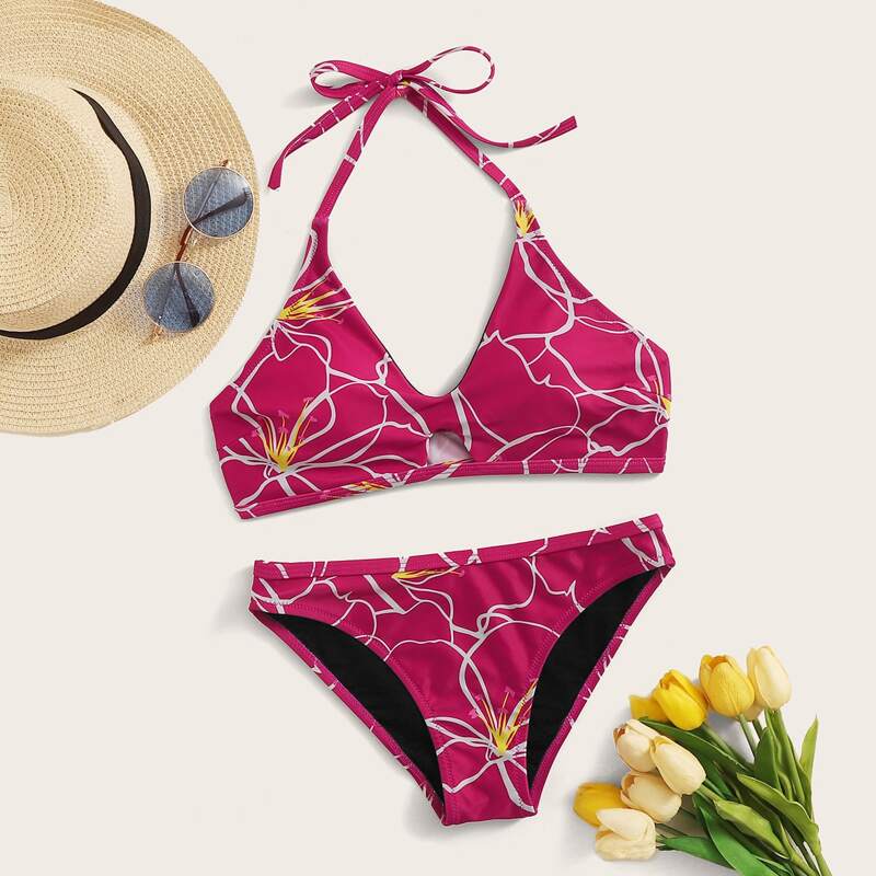 

Graphic Print Halter Bikini Swimsuit, Red