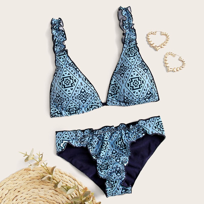 

Lettuce Trim Aztec Triangle Bikini Swimsuit, Blue