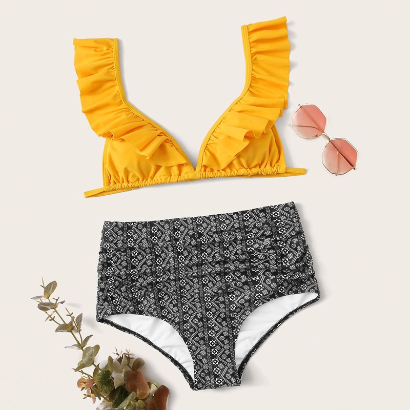 

Ruffle Strap Aztec High Waisted Bikini Swimsuit, Multicolor
