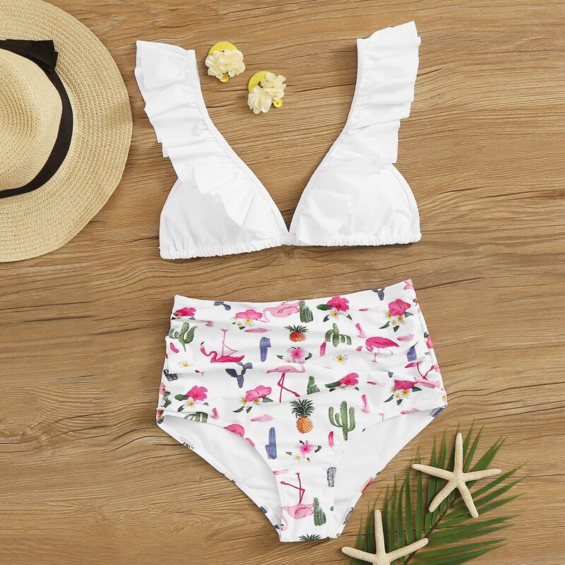 

Ruffle Flamingo High Waisted Bikini Swimsuit, Multicolor