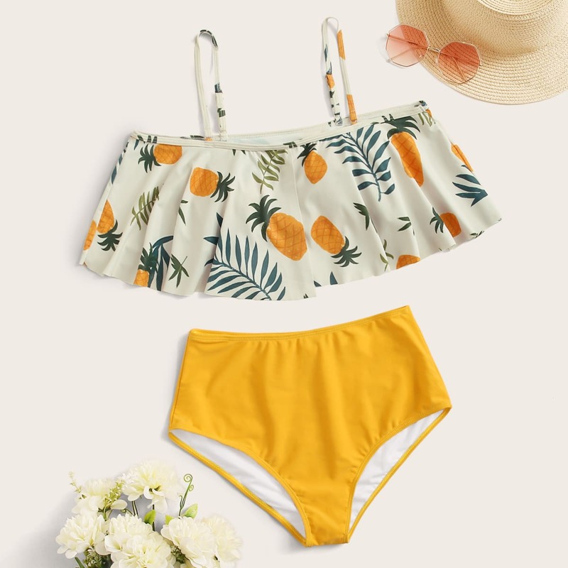 

Pineapple Print Ruffle High Waisted Bikini Swimsuit, Multicolor