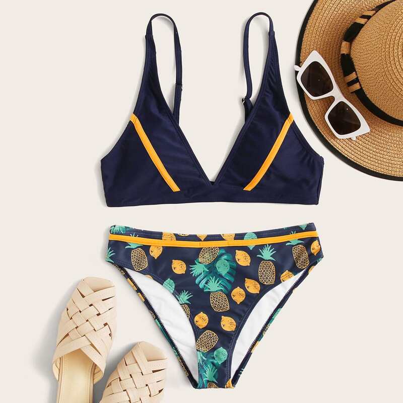 

V Neck Fruit Bikini Swimsuit, Multicolor