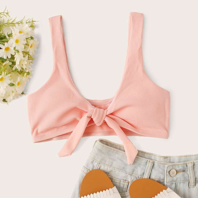 

Ribbed Knot Bikini Top, Pink