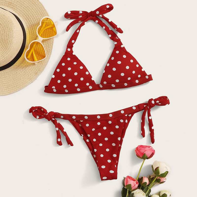 

Polka Dot Triangle Tie Side Bikini Swimsuit, Red