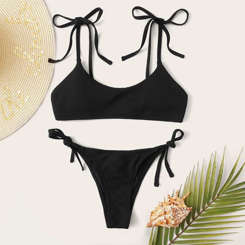 

Knot Strap Tie Side Black Bikini Swimsuit
