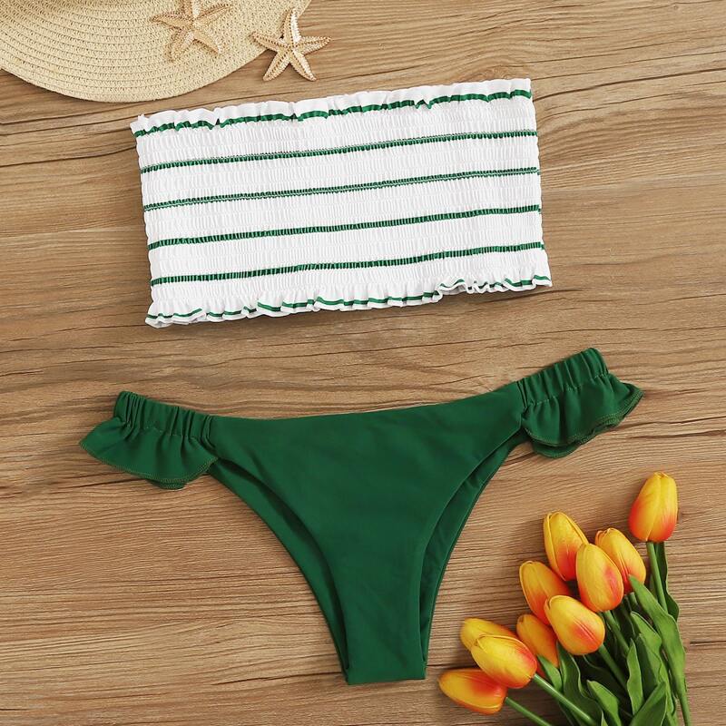 

Striped Smocked Bandeau Bikini Swimsuit, Multicolor