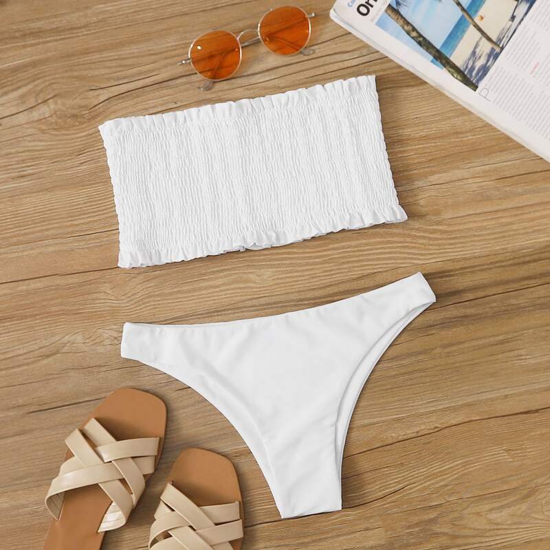 

Frill Trim Smocked Bandeau Bikini Swimsuit, White