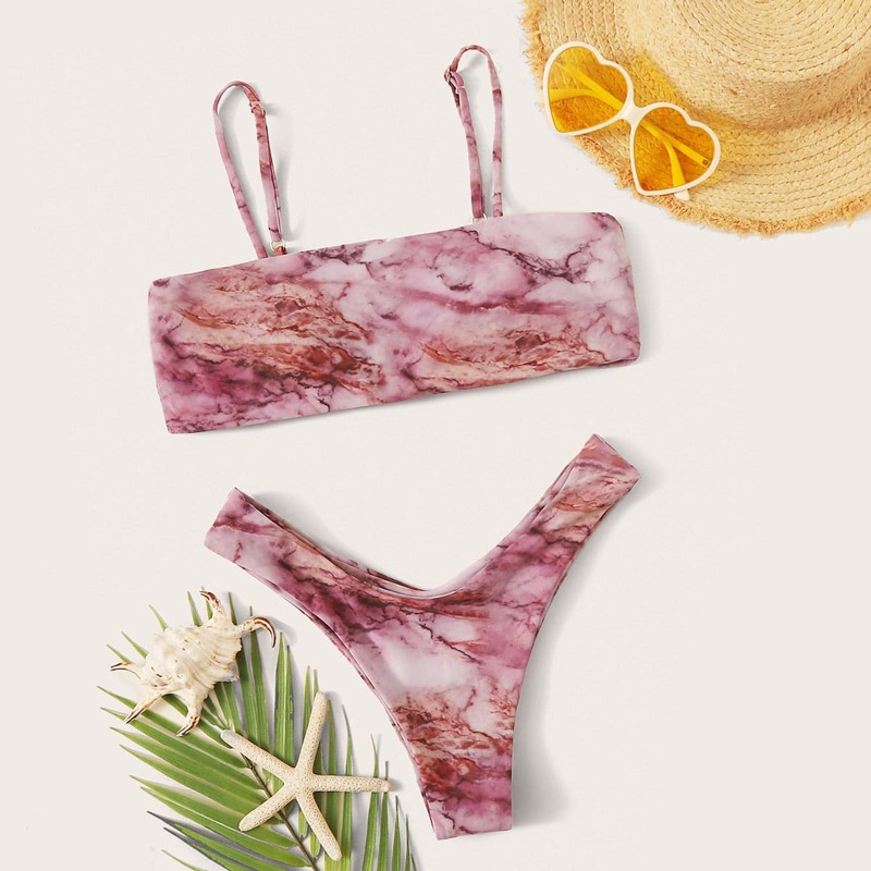 

Marble Print High Cut Bikini Swimsuit, Pink