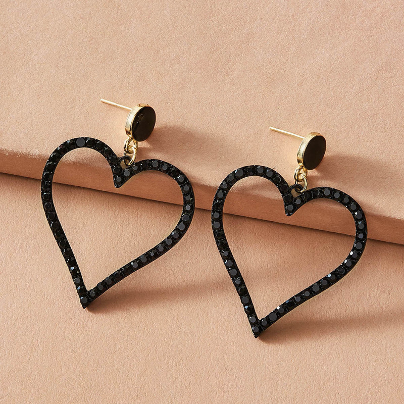 

1pair Rhinestone Decor Heart Drop Earrings, Black