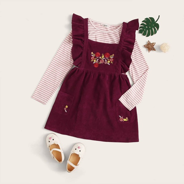 

Girls Ruffle Trim Embroidered Cord Overall Dress With Tee, Multicolor