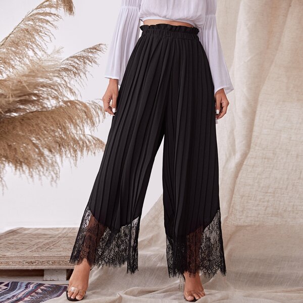 

Paperbag Waist Eyelash Lace Hem Pleated Pants, Black