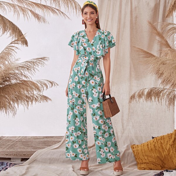 

Belted Butterfly Sleeve Wide Leg Floral Jumpsuit, Green