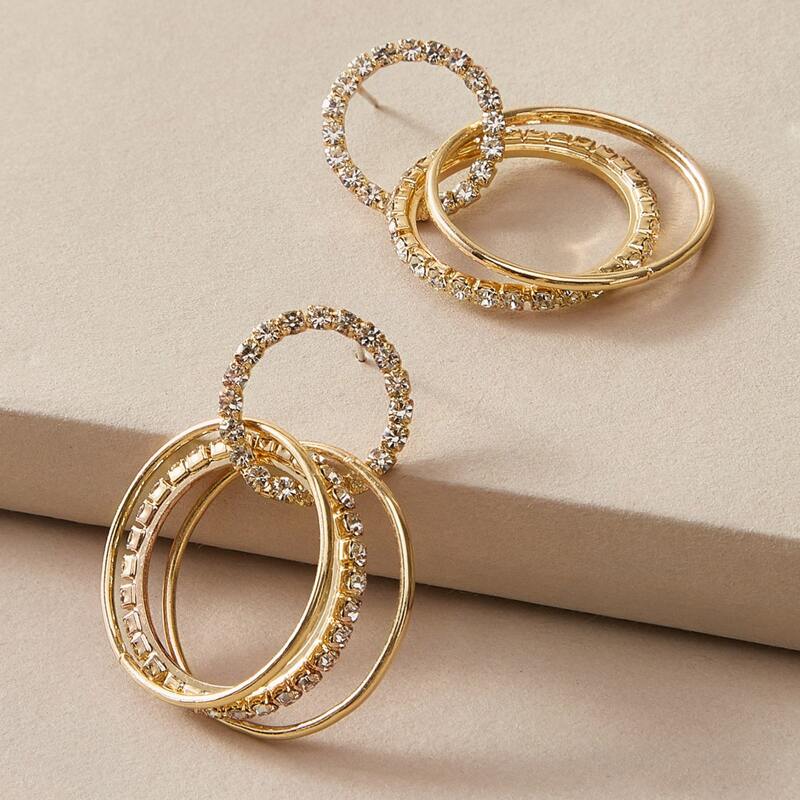 

1pair Rhinestone Engraved Link Drop Earrings, Gold