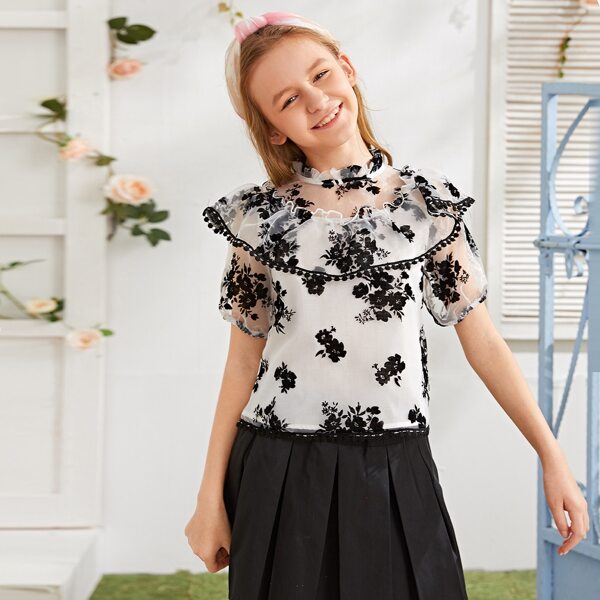 

Girls Ruffle Trim Floral Flocked Organza 2 In 1 Top, White
