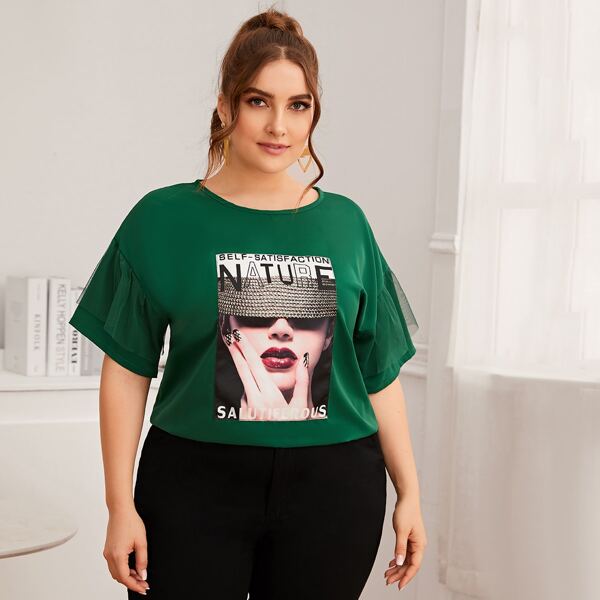

Plus Figure Graphic Mesh Panel Blouse, Green