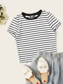 SHEIN EZwear Ribbed Striped Lettuce-Edge Cropped Tee - Black and White - View 1