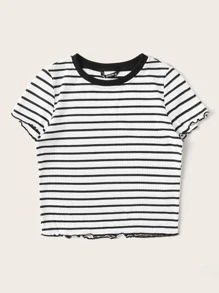 SHEIN EZwear Ribbed Striped Lettuce-Edge Cropped Tee - Black and White - View 3