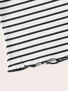 SHEIN EZwear Ribbed Striped Lettuce-Edge Cropped Tee - Black and White - View 4