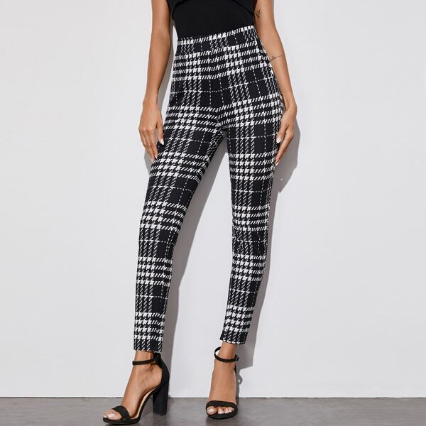 

High Waist Plaid Skinny Pants, Black and white