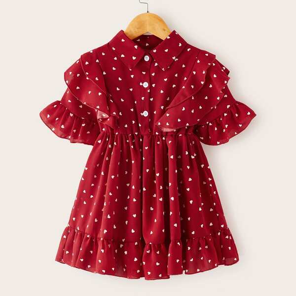 

Toddler Girls Heart Print Ruffle Trim Shirt Dress, Red