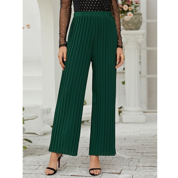 

Elastic Waist Pleated Wide Leg Pants, Green