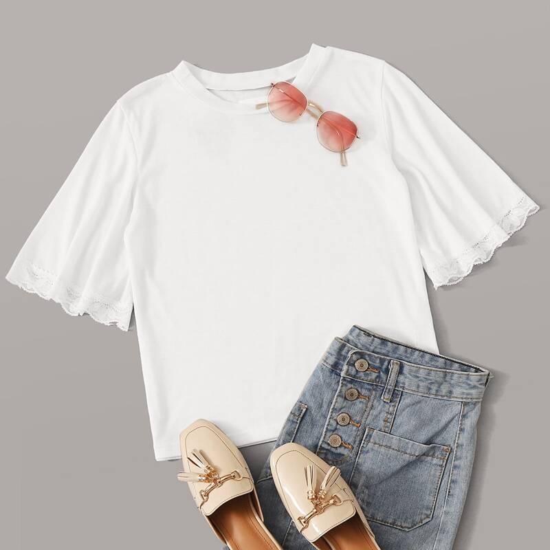 

Lace Trim Short Sleeve Solid Tee, White