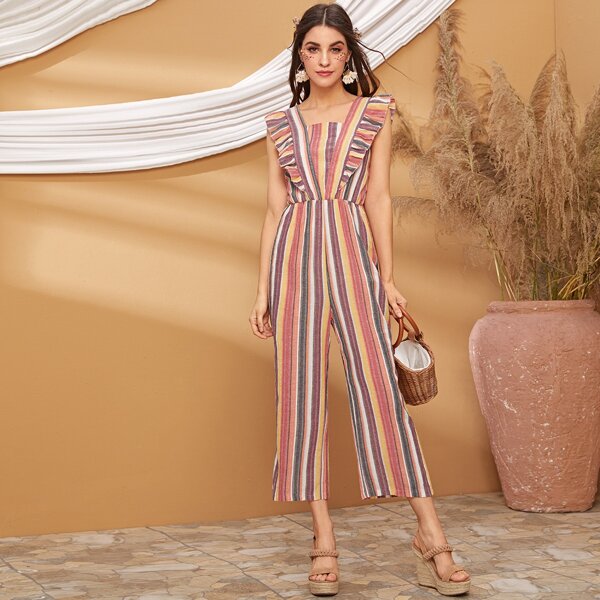 

Square Neck Multi-stripe Ruffle Trim Jumpsuit, Multicolor