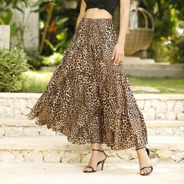 

Leopard Print Elastic Waist Skirt, Multicolor