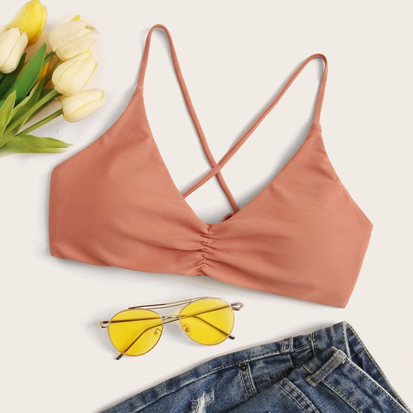 

Ruched Detail Lace Up Back Bikini Top, Pink