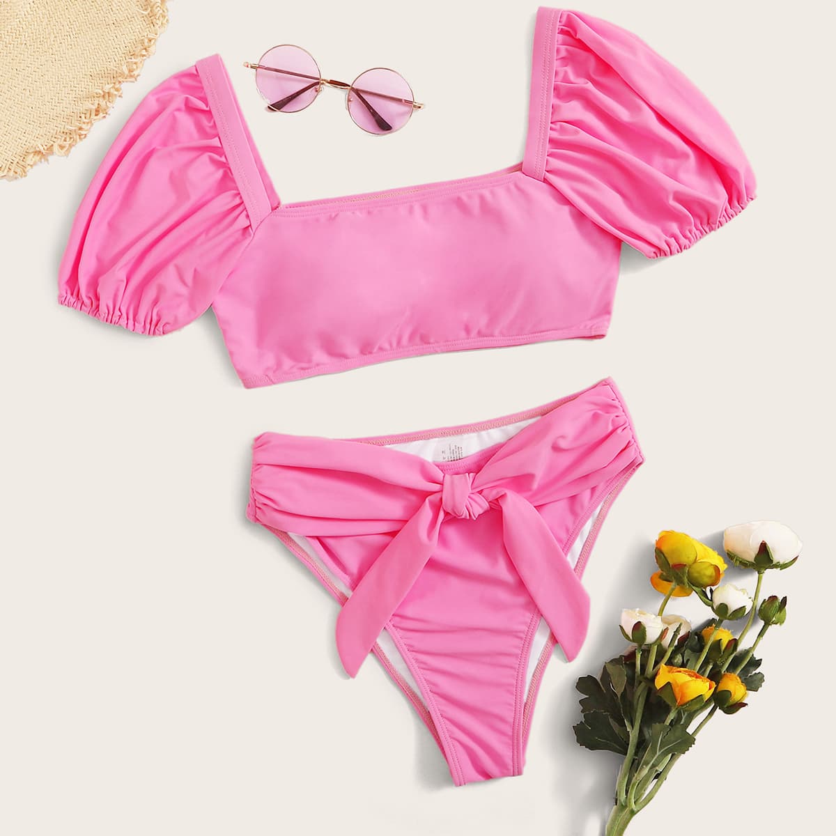 

Puff Sleeve Tie Front Tee Bikini Swimsuit, Pink