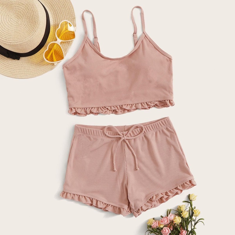 

Rib Frill Trim Shorts Bikini Swimsuit, Pink