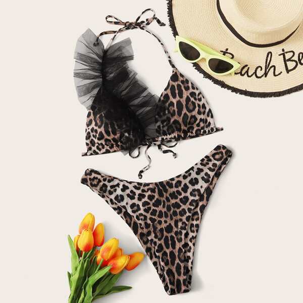 

Leopard Triangle Halter High Cut Bikini Swimsuit, Multicolor