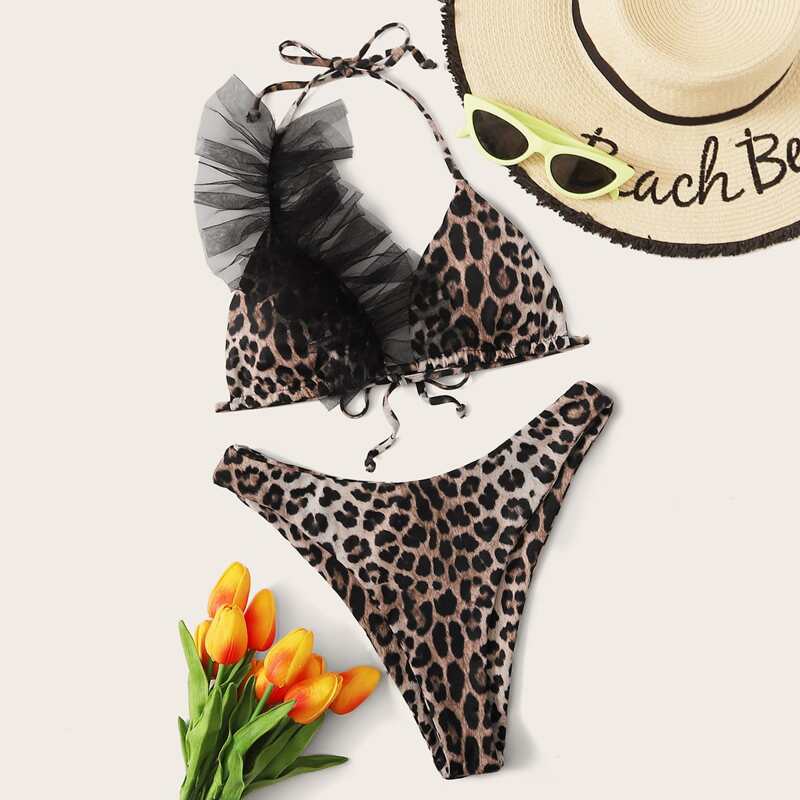 

Leopard Triangle Halter High Cut Bikini Swimsuit, Multicolor