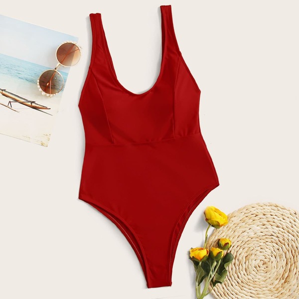 

Seam Detail One Piece Tank Swimsuit, Red