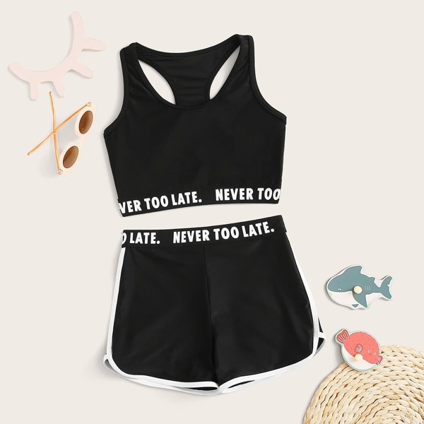 

Girls Letter Tape Tank Top With Shorts Bikini, Black