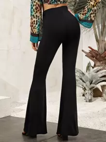 Solid High-Rise Flare Trousers - Black - View 2