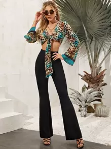 Solid High-Rise Flare Trousers - Black - View 3