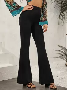 Solid High-Rise Flare Trousers - Black - View 5