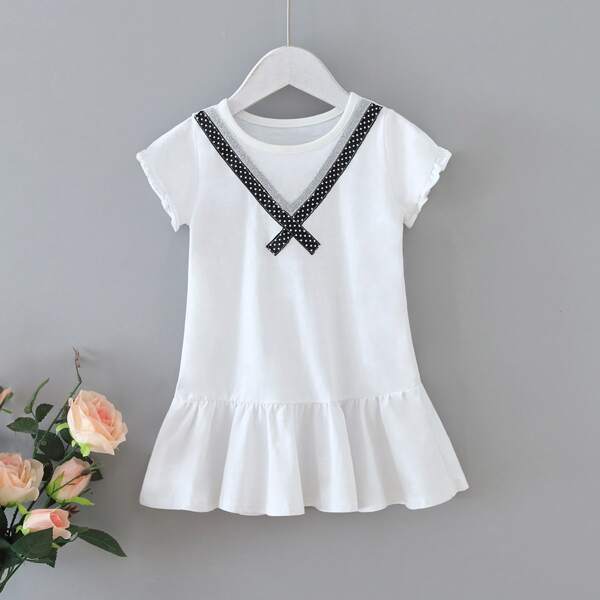 

Toddler Girls Contrast Tape Ruffle Hem Babydoll Dress, White