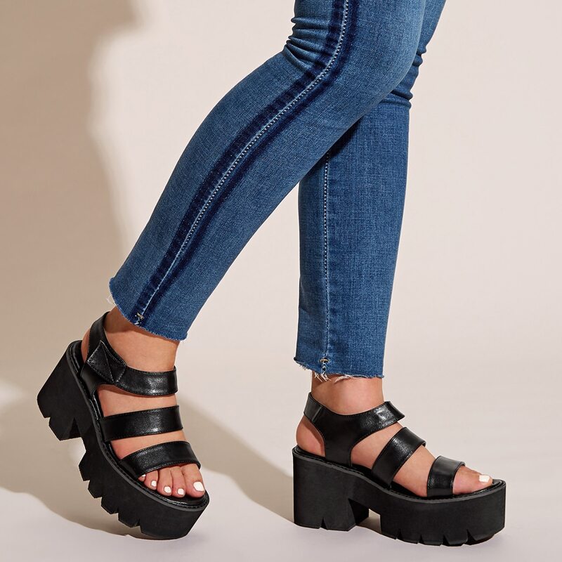 

Strappy Lug Sole Wedges, Black