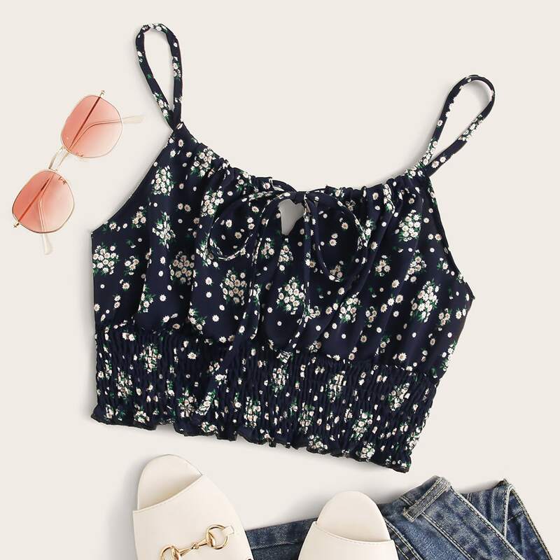 

Ditsy Floral Tie Neck Shirred Crop Cami, Multicolor