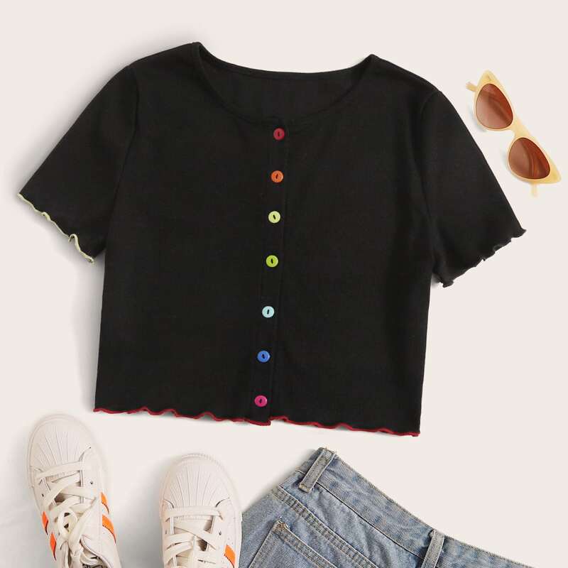 

Colorful Button Lettuce Trim Crop Tee, Black