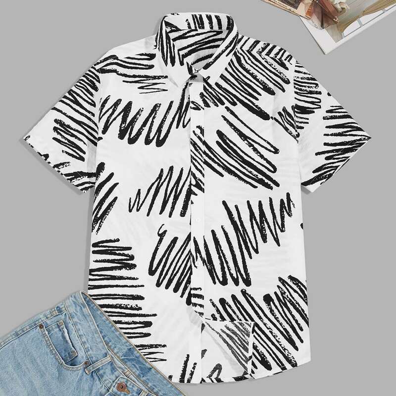 

Guys All Over Print Curved Hem Shirt, Black and white