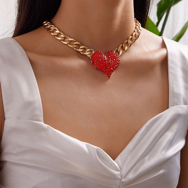 

1pc Rhinestone Decor Heart Charm Chain Necklace, Gold