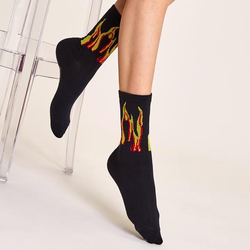 

Ribbed Fire Graphic Crew Socks, Black