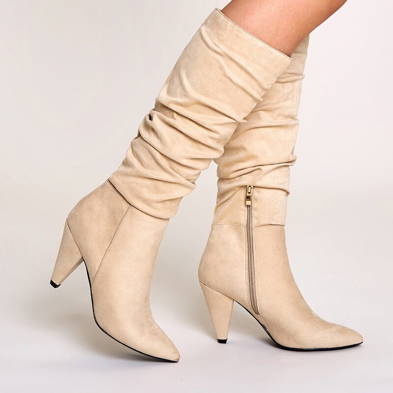 

Ruched Zip Side Suede Boots, Khaki