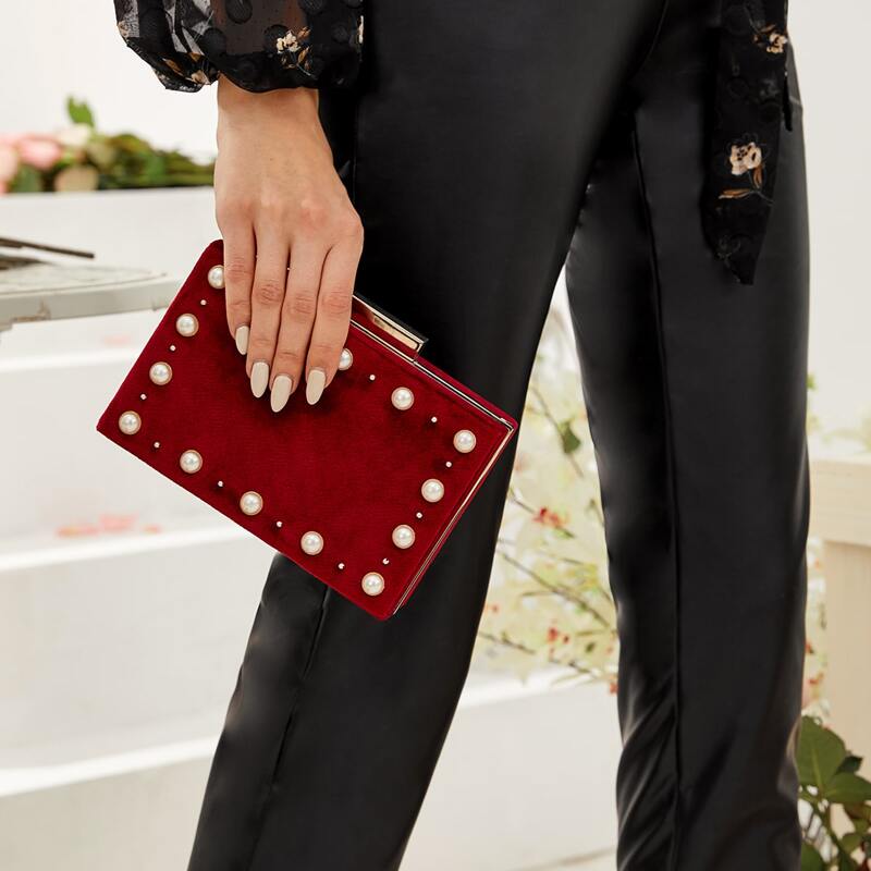 

Pearl Decor Clip Top Chain Clutch Bag, Red