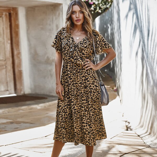 

Butterfly Sleeve Ruffle Trim Leopard A-line Dress, Multicolor